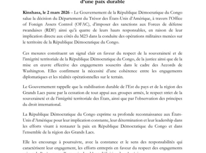 Guerre à l’Est : Kinshasa salue les sanctions américaines contre l’armée rwandaise et réaffirme son cap vers la paix